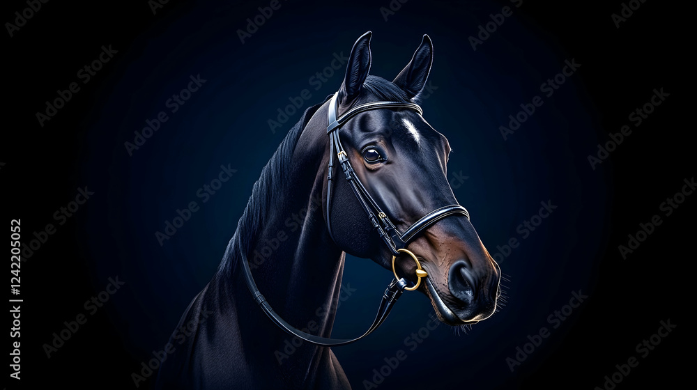 Fototapeta premium Majestic black horse portrait, dark background, equestrian art, website banner