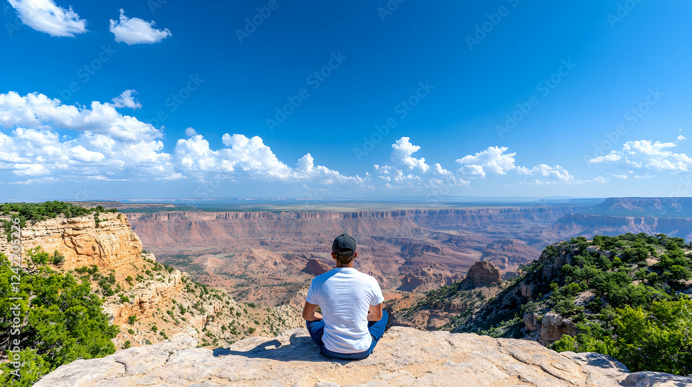 Man meditates on canyon rim, scenic vista, sunny day, travel inspiration Man meditates on canyon rim, scenic vista, sunny day, travel inspiration