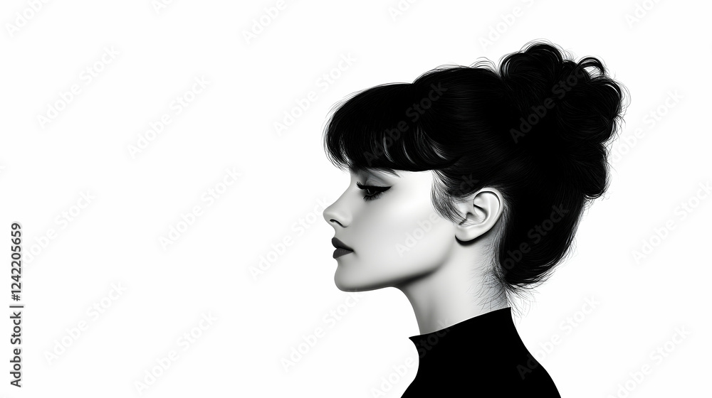 Monochrome portrait of woman, profile view, elegant hairstyle, studio background; ideal for fashion, beauty, or editorial use Monochrome portrait of woman, profile view, elegant hairstyle, studio background; ideal for fashion, beauty, or editorial use