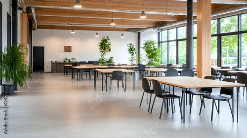 Modern office cafeteria with wooden tables, chairs, and plants, large windows showing green trees; ideal for showcasing workspace design