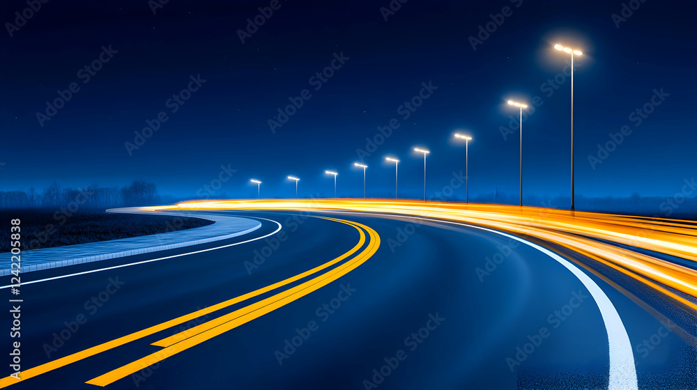 Night highway curve, light trails, dark landscape, speed, travel Night highway curve, light trails, dark landscape, speed, travel