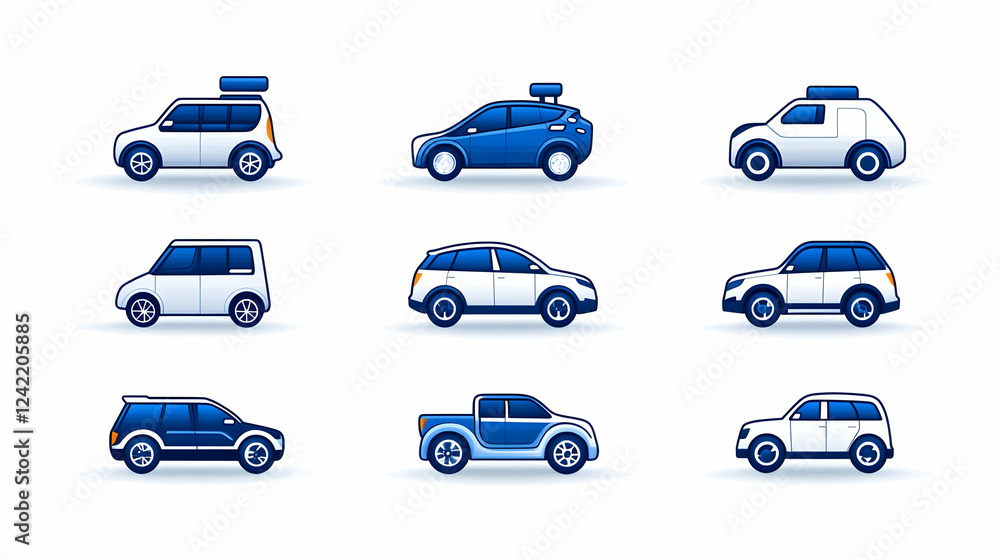 Nine vehicle illustrations SUVs, minivan, pickup truck; side view; white background; for website or app Nine vehicle illustrations SUVs, minivan, pickup truck; side view; white background; for website or app
