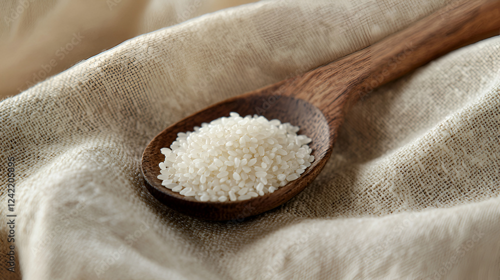 A wooden spoon holds a portion of uncooked white rice grains, resting on a textured beige fabric. A wooden spoon holds a portion of uncooked white rice grains, resting on a textured beige fabric.