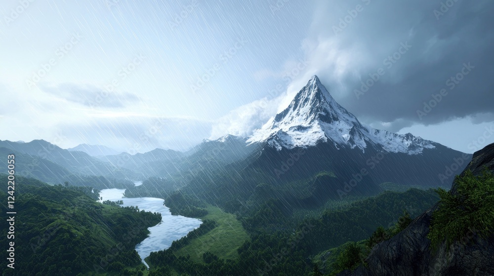 Fototapeta premium Snow Covered Mountain Peak During a Rainstorm