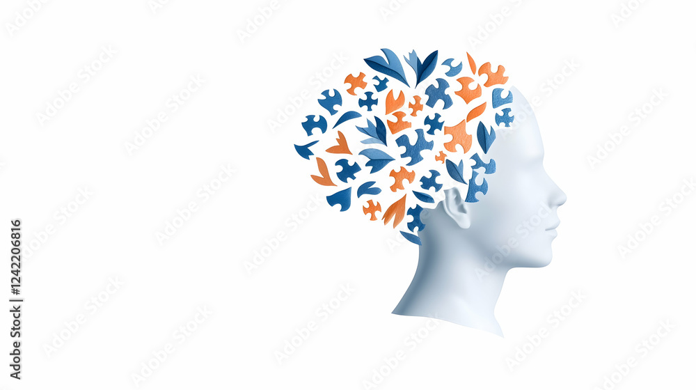 Puzzle pieces forming a head, problem-solving concept, white background, for educational materials Puzzle pieces forming a head, problem-solving concept, white background, for educational materials