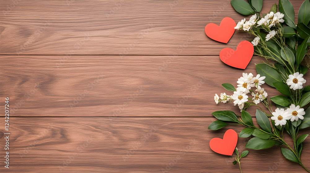 Romantic floral arrangement on wood background; space for text; Valentine's Day greeting Romantic floral arrangement on wood background; space for text; Valentine's Day greeting
