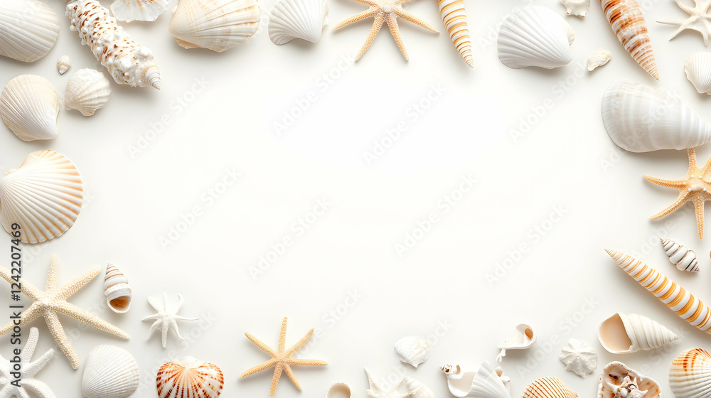 Seashells border frame on white background, summer vacation design Seashells border frame on white background, summer vacation design