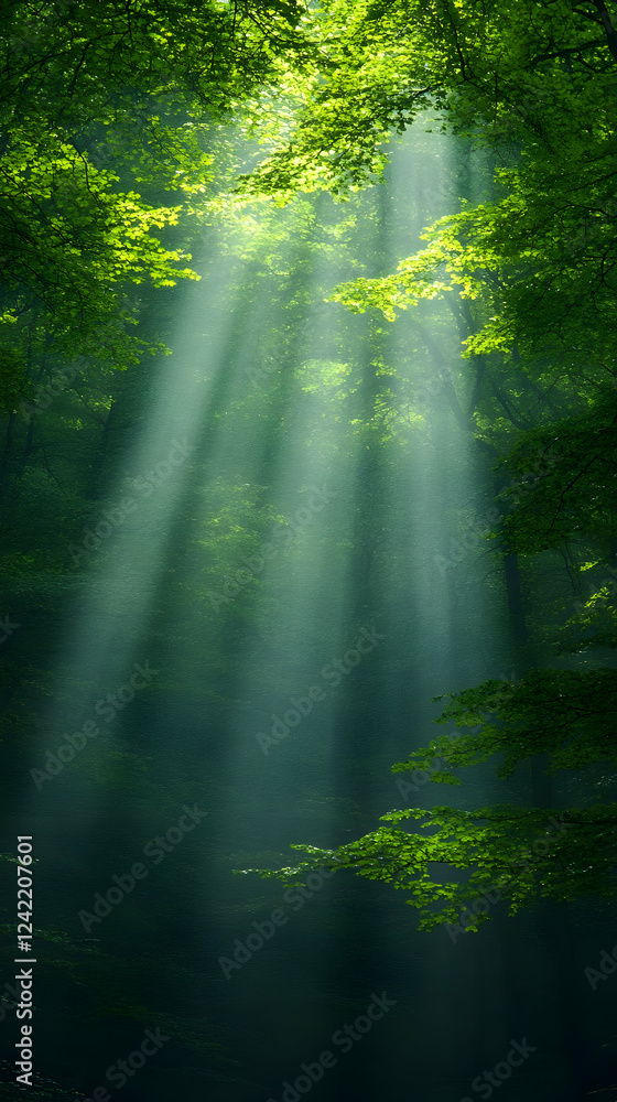 Fototapeta premium Sunbeams in lush green forest