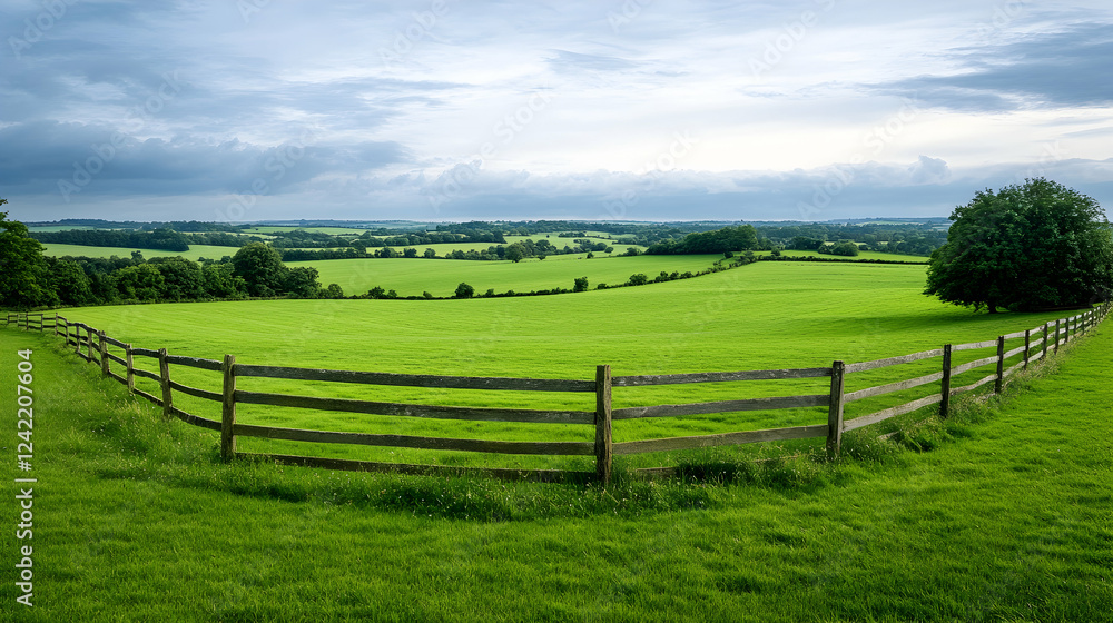 Serene countryside landscape rolling green fields, wooden fence, cloudy sky. Perfect for travel brochures or nature documentaries Serene countryside landscape rolling green fields, wooden fence, cloudy sky. Perfect for travel brochures or nature documentaries