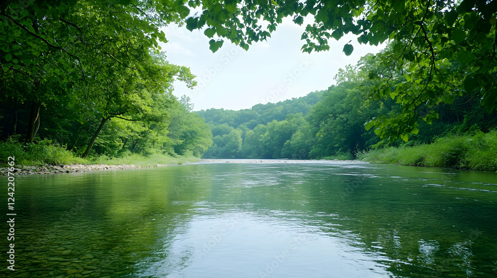Serene river flowing through lush green forest; tranquil nature scene, perfect for travel brochures or nature documentaries Serene river flowing through lush green forest; tranquil nature scene, perfect for travel brochures or nature documentaries