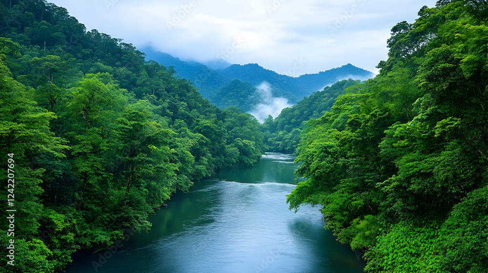 Serene river flowing through lush green mountains, misty morning; nature, travel, landscape photography Serene river flowing through lush green mountains, misty morning; nature, travel, landscape photography