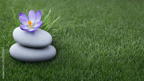 Serene purple crocus atop stacked stones on lush green grass; perfect for spa, wellness, or nature themes photo