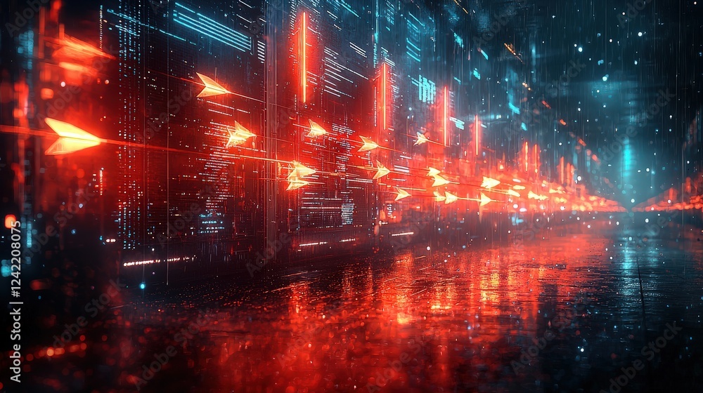 Fototapeta premium A striking visual of multi-colored arrows launching from the ground, flying in unison, and sticking into a high-tech wall screen, perfectly aligned and spaced