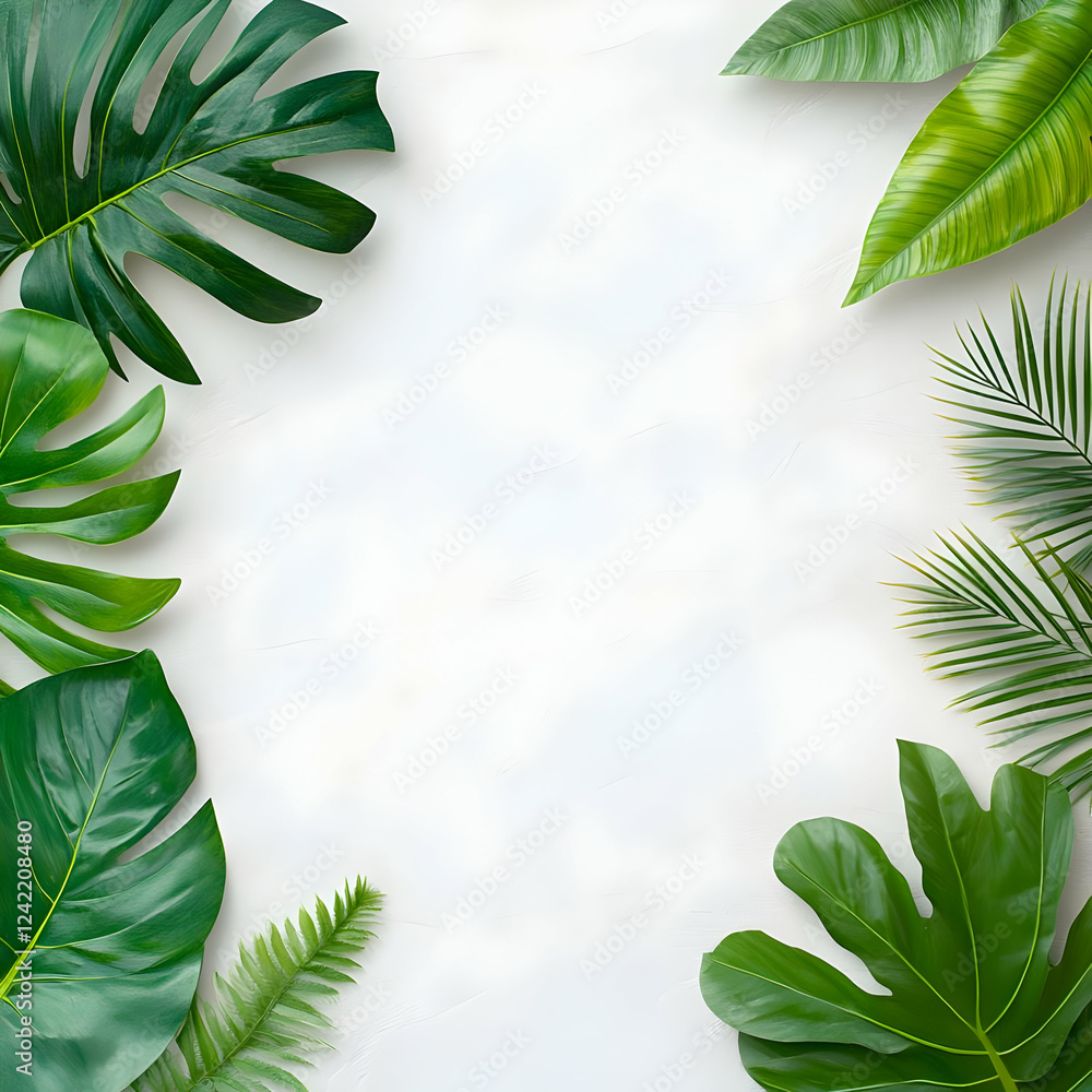 Tropical leaves frame, white background, summer design Tropical leaves frame, white background, summer design
