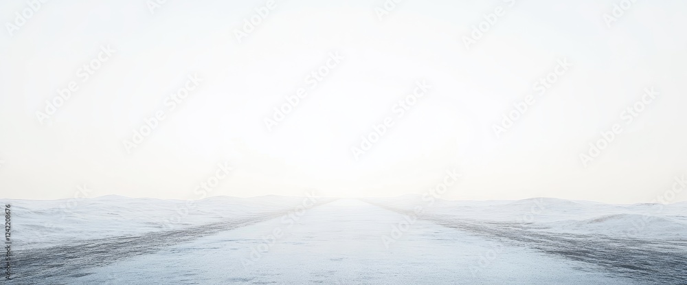 Snowy road disappearing into bright fog. Snowy road disappearing into bright fog.