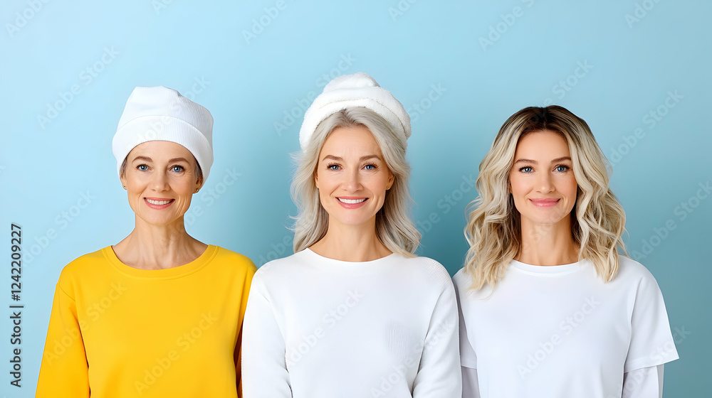 Three generations of women smiling, studio shot, light blue background, family portrait, skincare ad Three generations of women smiling, studio shot, light blue background, family portrait, skincare ad