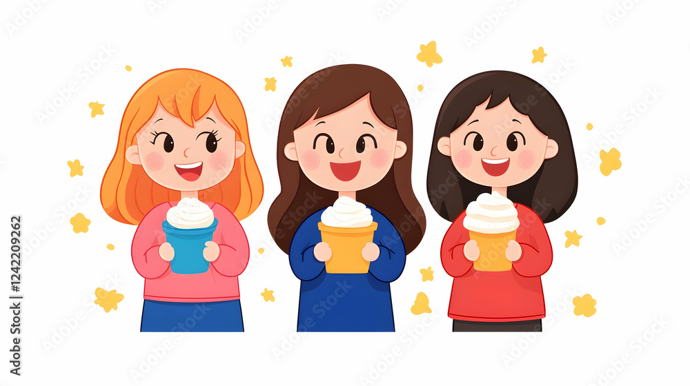Three happy women enjoying sweet treats together, festive background, perfect for social media or blog posts Three happy women enjoying sweet treats together, festive background, perfect for social media or blog posts
