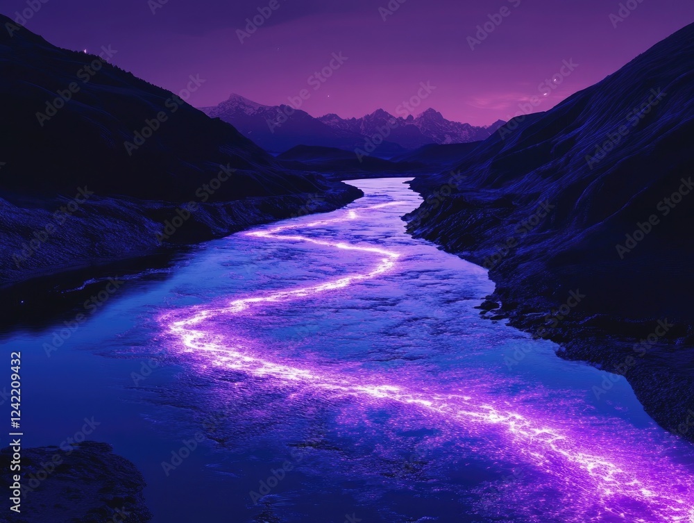 Fototapeta premium Mystical River Flowing Through Mountains with Neon Light at Twilight