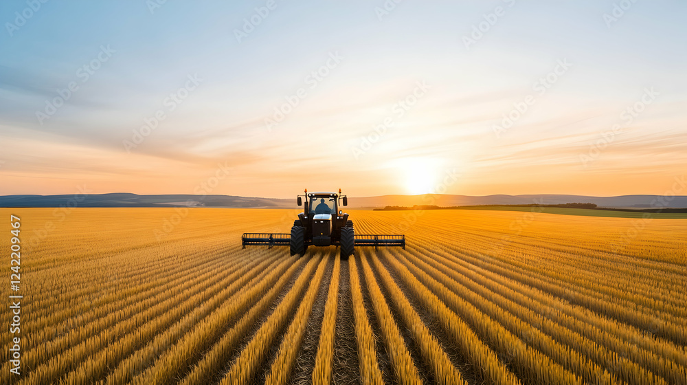 Fototapeta premium Tractor harvesting golden wheat field at sunset