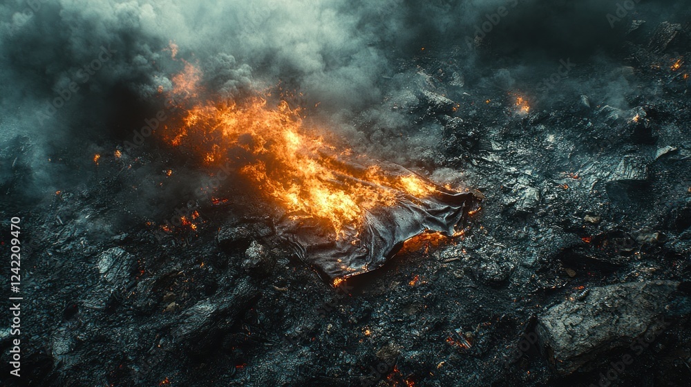 Flames engulfing debris amidst dark smoke in a fiery scene Flames engulfing debris amidst dark smoke in a fiery scene