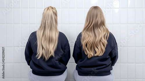 Two blonde women with long hair, sitting back-to-back against a tiled wall.  Perfect for hair care or fashion blogs photo