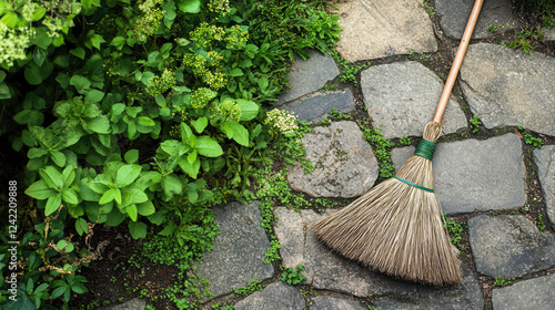Wallpaper Mural broom resting on stone path surrounded by lush greenery creates serene outdoor scene. natural elements evoke sense of tranquility and connection to nature Torontodigital.ca
