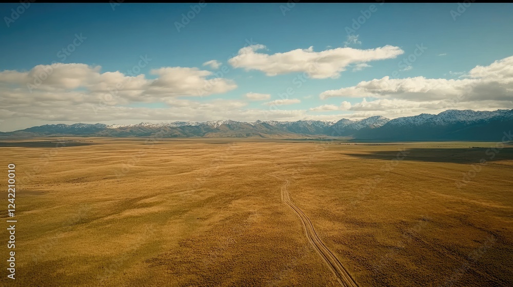 Fototapeta premium Expansive golden field leading to snowy mountain range under a cloudy blue sky
