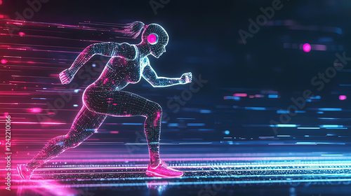 Hyper-realistic AI assistant managing virtual workout sessions, intricate glowing holographic fitness tracker