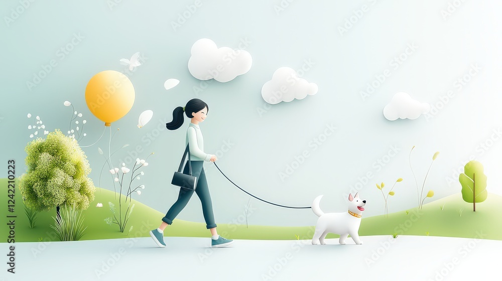 Minimalist digital illustration of a young woman in casual attire walking her happy dog on a trail, with a relaxing and harmonious nature backdrop emphasizing wellness and pet care. Minimalist digital illustration of a young woman in casual attire walking her happy dog on a trail, with a relaxing and harmonious nature backdrop emphasizing wellness and pet care.