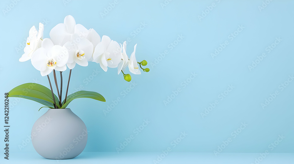 White orchids in gray vase against light blue background; serene floral arrangement for home decor or greeting card