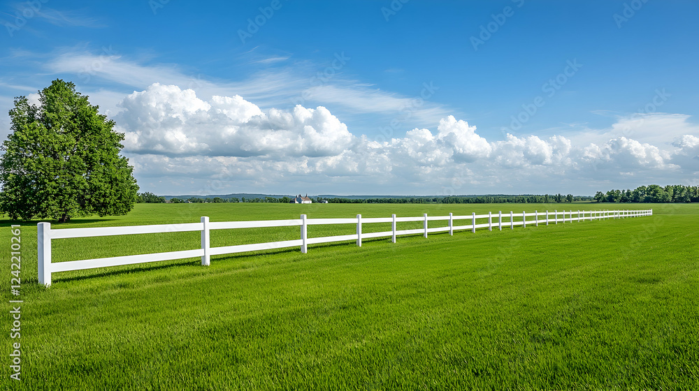 White fence across green field, sunny day, clouds, tree. Real estate, idyllic landscape White fence across green field, sunny day, clouds, tree. Real estate, idyllic landscape