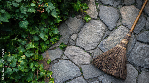 Wallpaper Mural broom resting on stone path surrounded by lush greenery creates serene outdoor scene. natural elements evoke sense of tranquility and harmony with nature Torontodigital.ca