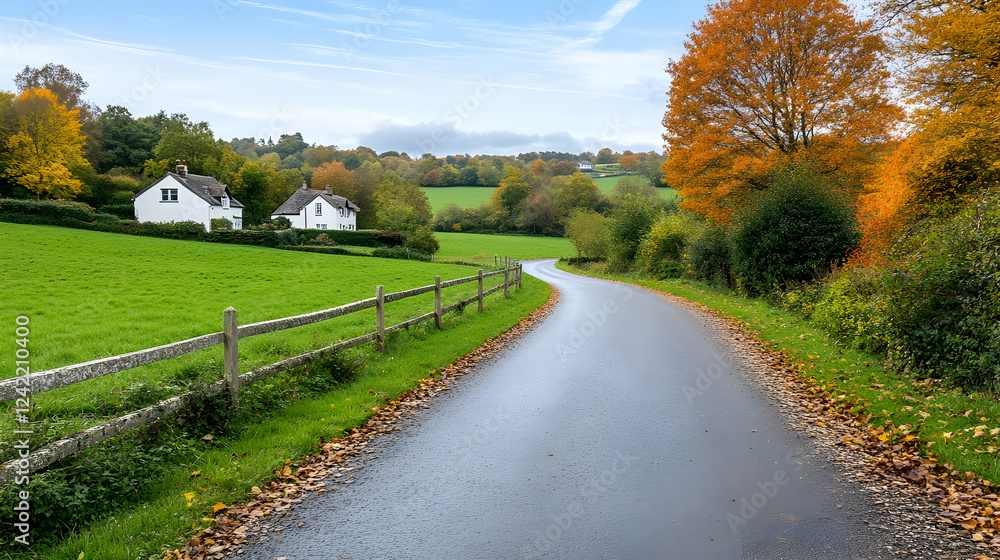 Fototapeta premium Winding country road, autumn foliage, cottages, hills. Ideal for travel brochures