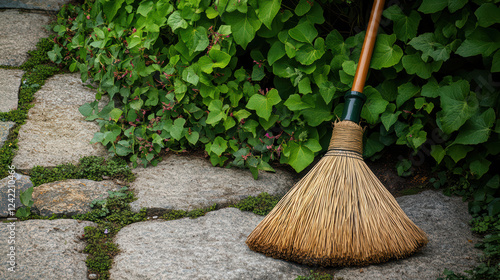Wallpaper Mural broom resting on stone path surrounded by lush greenery creates serene outdoor scene. natural elements evoke sense of tranquility and harmony with nature Torontodigital.ca