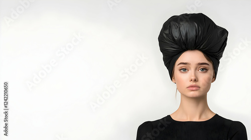Woman, black head wrap, serious expression, studio shot, copy space, fashion editorial