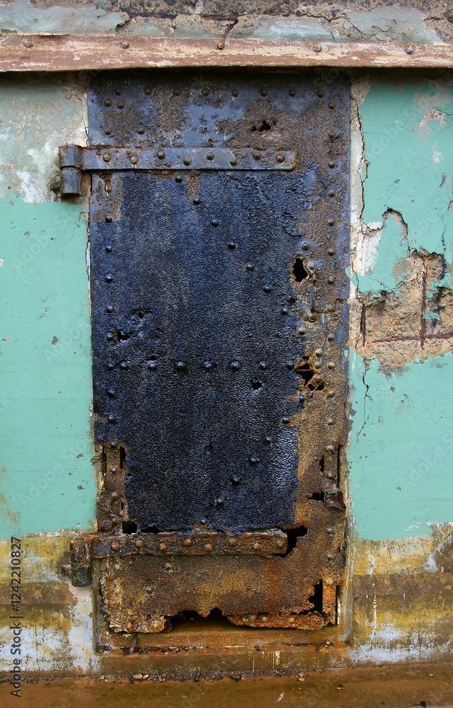 old abandoned military bunker with black rusty metal doors and windows