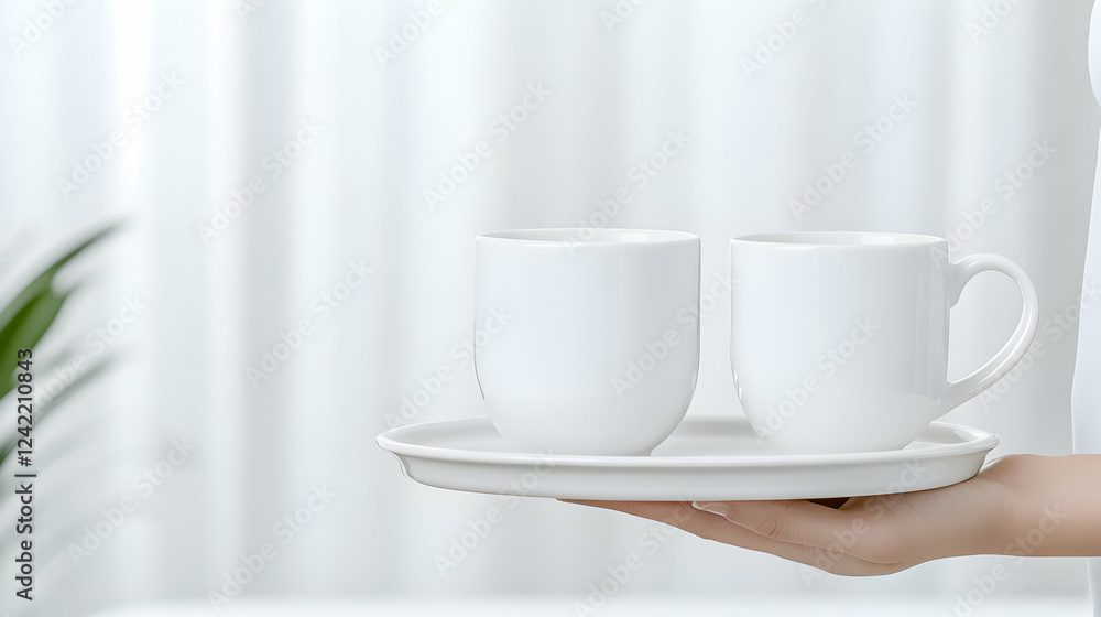 Woman holding two mugs on tray, bright interior, minimalist background, perfect for website or blog