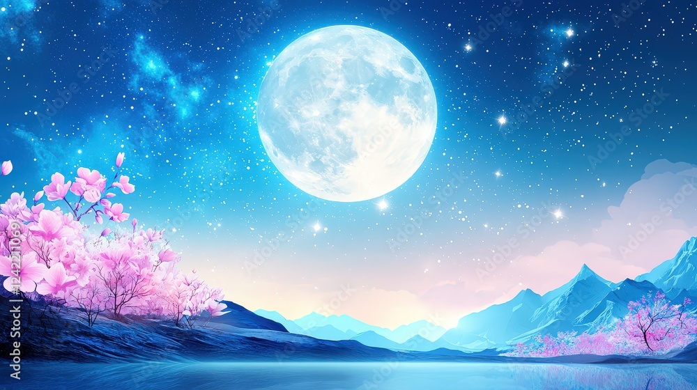 The moon shining brightly with scattered stars across a soft gradient sky, creating a calm, enchanting nighttime scene perfect for contemplation. The moon shining brightly with scattered stars across a soft gradient sky, creating a calm, enchanting nighttime scene perfect for contemplation.