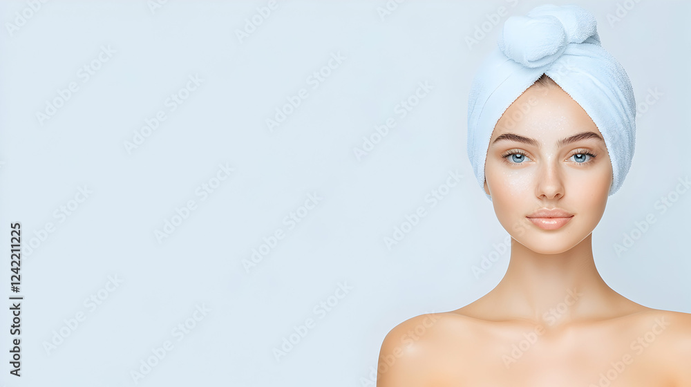 Woman, towel turban, skincare routine, beauty portrait, light background, spa advertisement Woman, towel turban, skincare routine, beauty portrait, light background, spa advertisement