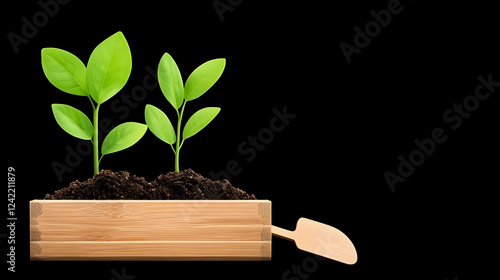 Wallpaper Mural Young plants in wooden planter, gardening tool, black background, spring growth, sustainable living concept Torontodigital.ca