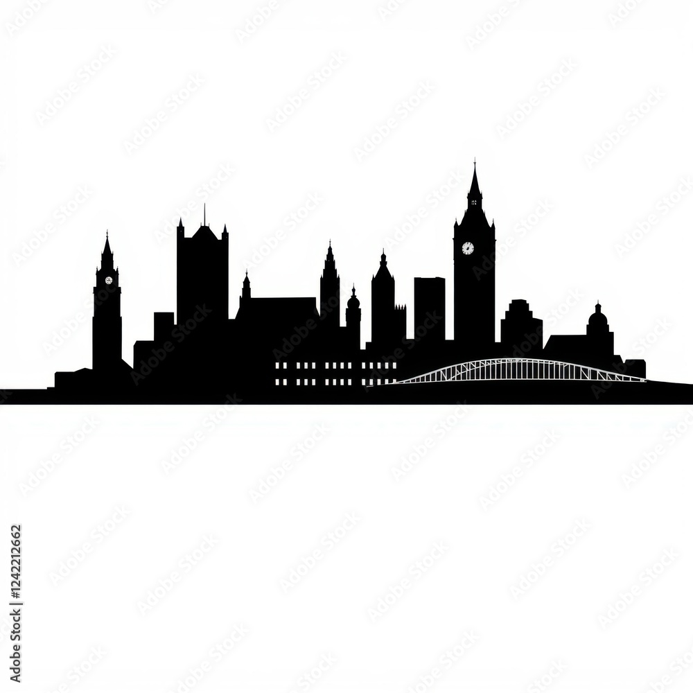 The image depicts a city skyline silhouette showcasing various buildings and skyscrapers in a clear vector-based style highlighting urban architecture in a bustling downtown area skyline silhouette The image depicts a city skyline silhouette showcasing various buildings and skyscrapers in a clear vector-based style highlighting urban architecture in a bustling downtown area skyline silhouette