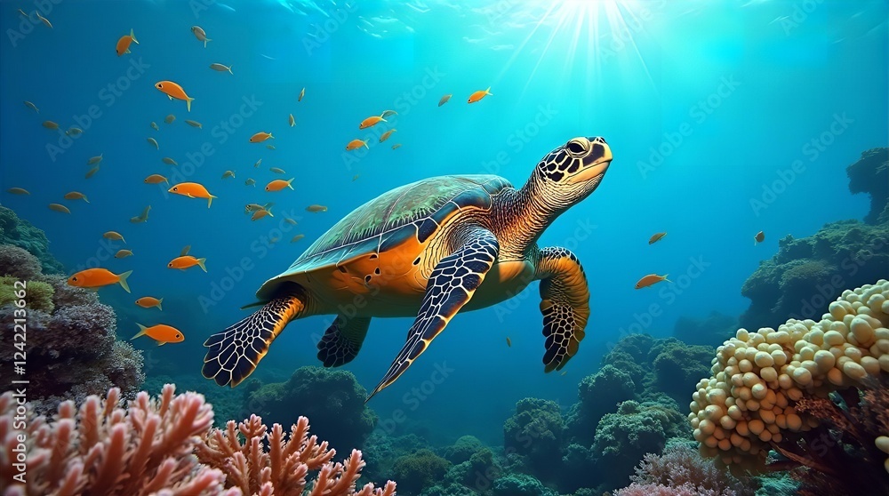 Obraz premium Majestic Hawksbill Sea Turtle Swimming in Vibrant Coral Reef Underwater Scene with Colorful Fish Stunning Ocean Wildlife Photography
