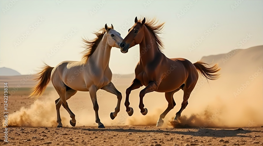 Two Wild Horses Running in Desert Dust Dramatic Sunset Photography Stunning Equine Image Breathtaking Nature Scene High-Resolution Wildlife Photo Two Wild Horses Running in Desert Dust Dramatic Sunset Photography Stunning Equine Image Breathtaking Nature Scene High-Resolution Wildlife Photo