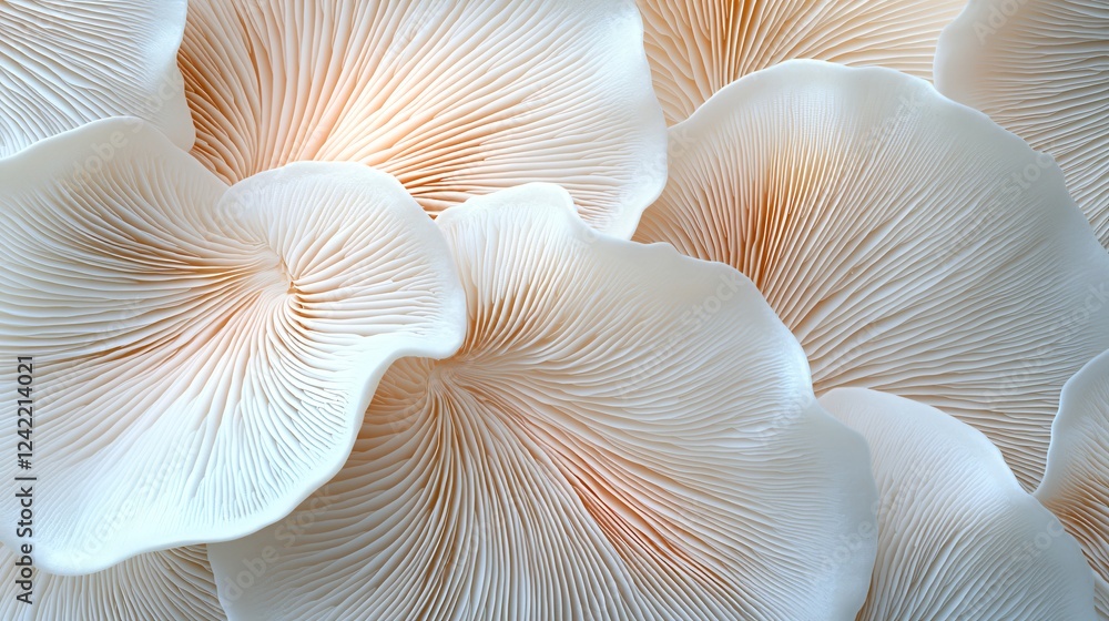 Delicate Oyster Mushroom Cluster Showing Gills Macro Texture and Patterns Botanical Study Fresh Food. Delicate Oyster Mushroom Cluster Showing Gills Macro Texture and Patterns Botanical Study Fresh Food.