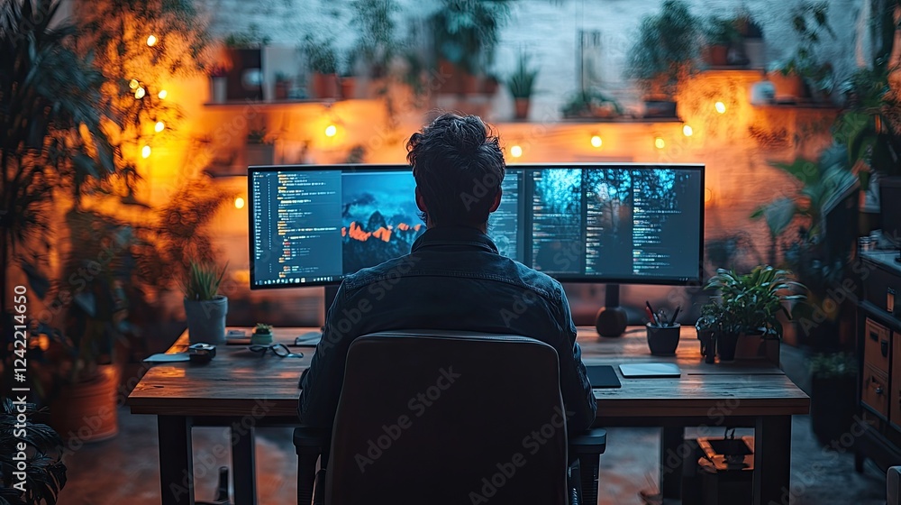 Person coding with dual monitors surrounded by plants and ambient lighting Person coding with dual monitors surrounded by plants and ambient lighting
