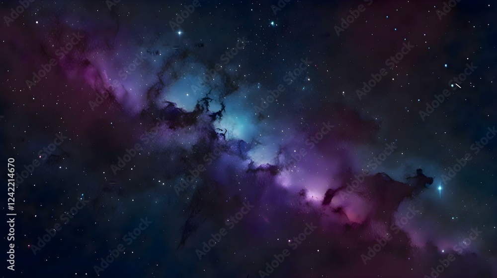 Fototapeta premium A cosmic background with a starry galaxy theme, featuring deep blue and purple gradients, sparkling stars, and glowing nebulae