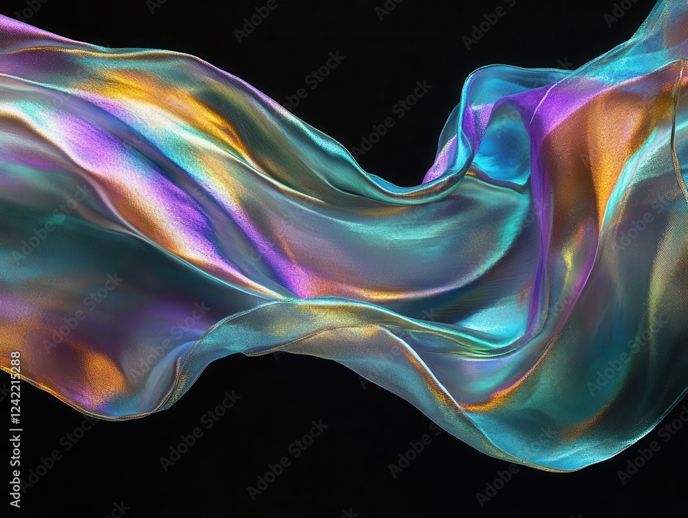 flowing iridescent fabric suspended in mid-air, catching light with prismatic reflections, ethereal movement against deep black background flowing iridescent fabric suspended in mid-air, catching light with prismatic reflections, ethereal movement against deep black background