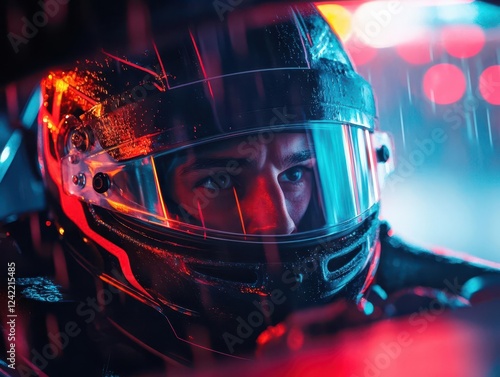 formula 1 driver in rain-soaked cockpit, neon lights reflecting off wet helmet visor, dramatic pre-race moment, moody atmosphere with lens flares photo