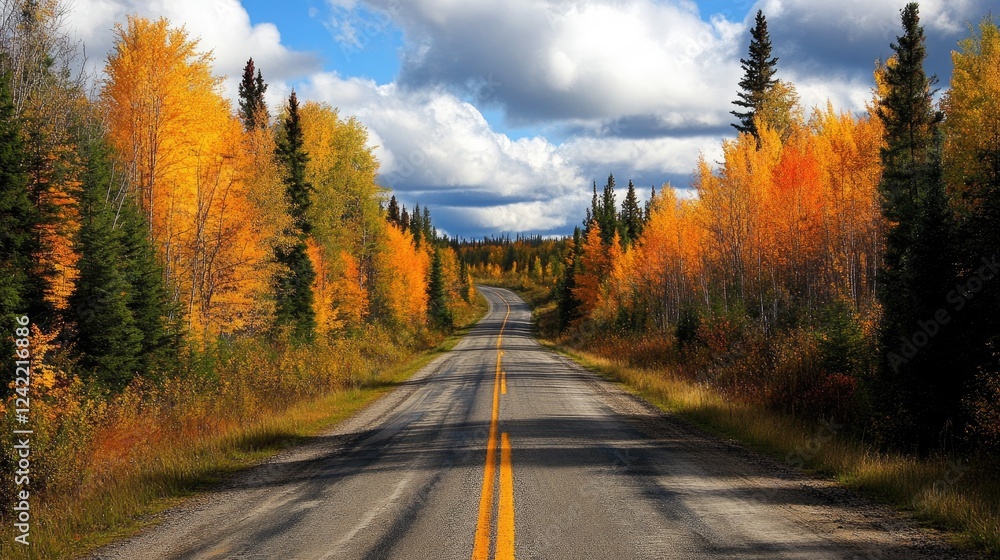 Fototapeta premium A winding asphalt road through vibrant fall foliage under a cloudy blue sky