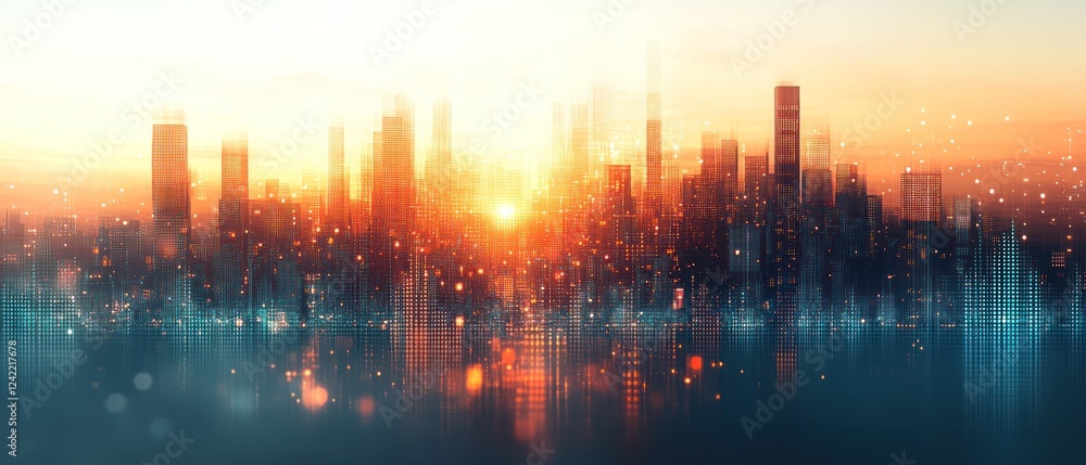 Fototapeta premium Vibrant sunset over a futuristic city skyline reflecting water